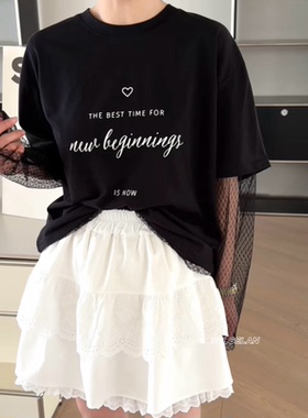 550801诗歌兰韩货女装2026春款气质黑色拼接网纱假两件字母T恤女