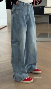 75011欧货牛仔裤 诗歌兰女装2026春款气质水洗蓝色口袋工装牛仔裤