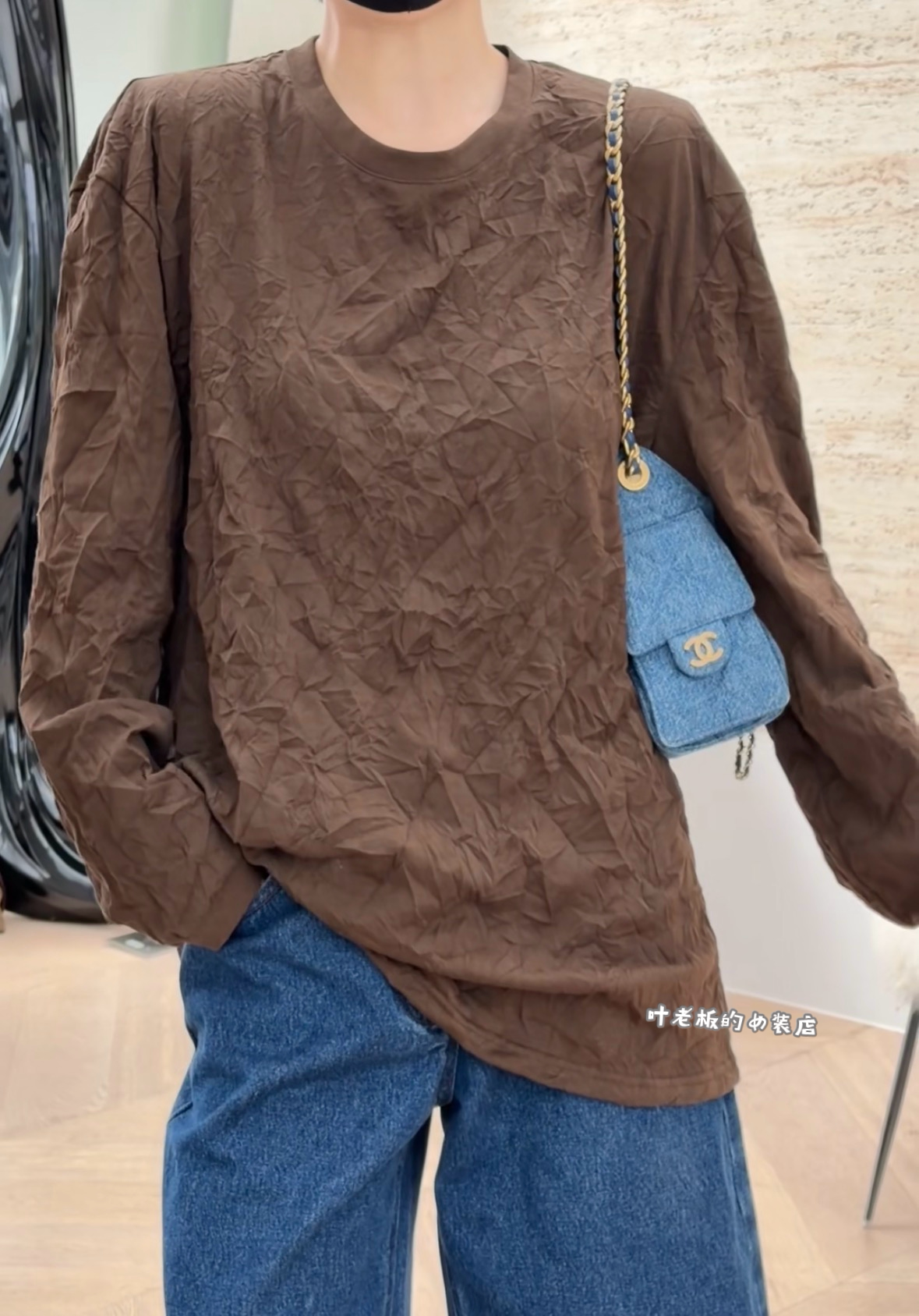 Z27506褶皱长袖 诗歌兰欧货26秋款时尚气质咖色中长款皱皱T恤女
