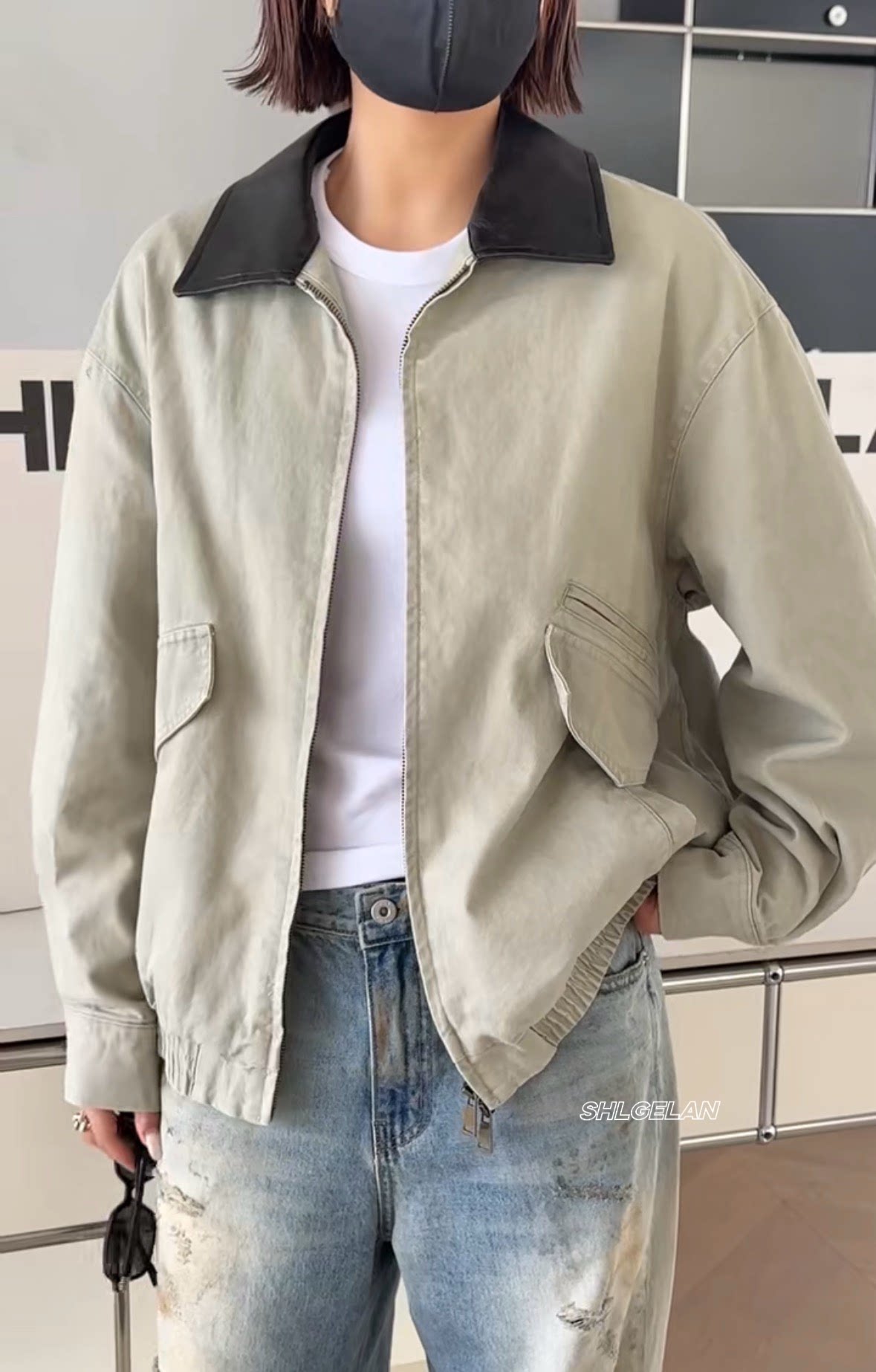 244171夹克外套 诗歌兰欧货女装2026春款气质卡其色拼皮翻领外套