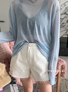 P31062-1卷边长袖 诗歌兰欧货女装2026夏款气质蓝色薄款针织防晒