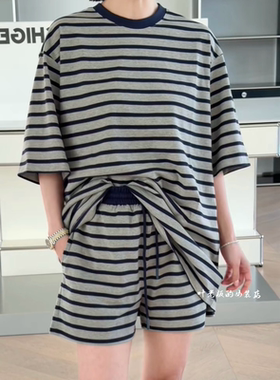 T8620休闲套装 诗歌兰女装2026夏款灰色条纹短袖+休闲短裤套装女