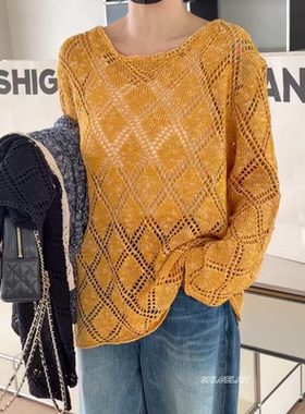 T35157镂空上衣 诗歌兰欧货女装2026春款简约风黄色网状针织衫女