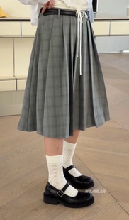 Z0530格子裙 诗歌兰欧货女装2026春款气质灰色学院风腰带百褶裙女