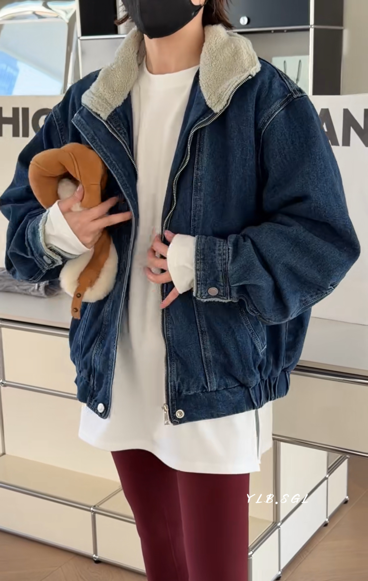58775诗歌兰女装2025冬款 时尚气质深蓝色加绒加厚牛仔棉外套女