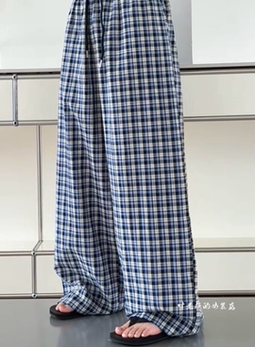 T9191薄款格子裤 诗歌兰欧货女装2026夏百搭蓝色松紧腰休闲裤女