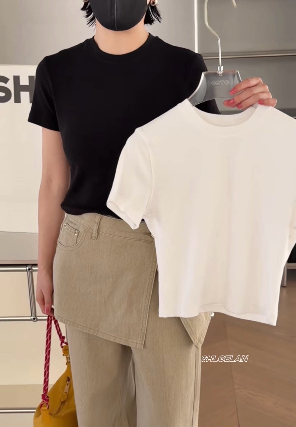 T878裸色短袖 诗歌兰欧货女装2026春款 百搭弹力圆领黑色短款T恤