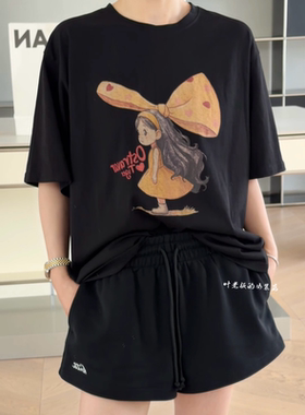 T2268女孩短袖 诗歌兰女装2026夏款黑色圆领薄款戴蝴蝶结卡通T恤