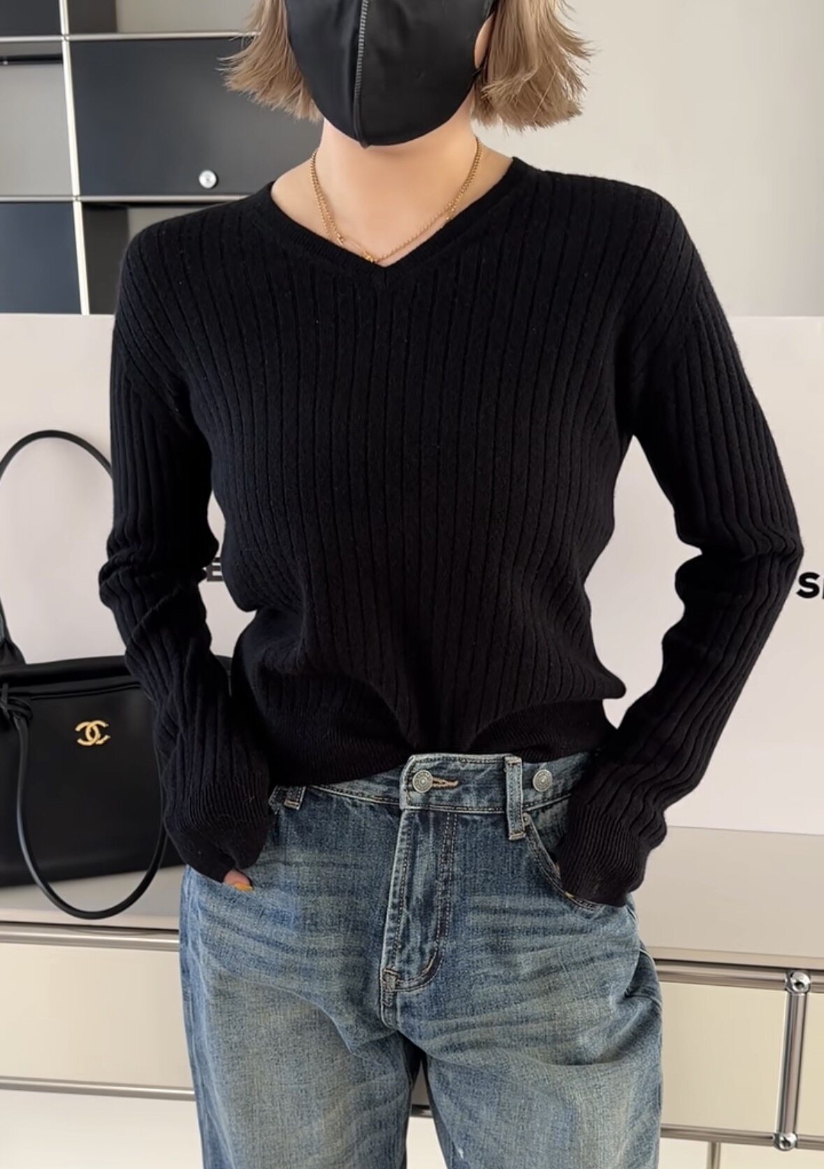 C26107V领毛衣 诗歌兰女装26秋冬款百搭显瘦黑色坑条纹羊毛针织衫