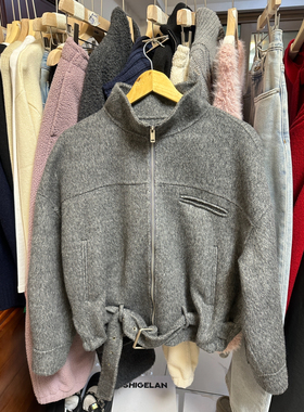 欧洲站 Second 2nd2025冬款时尚气质深灰色系腰带立领毛呢短外套