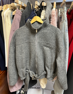 欧洲站 Second 2nd2025冬款时尚气质深灰色系腰带立领毛呢短外套