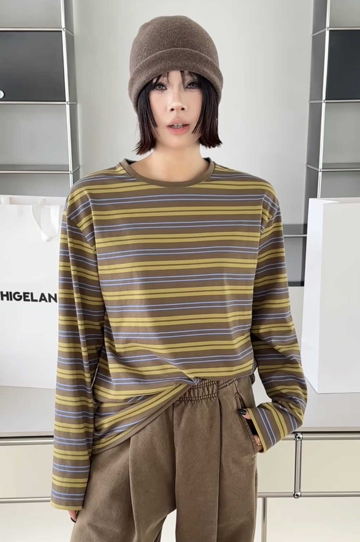 C58951条纹长袖 诗歌兰女装26秋冬款百搭黄色拼接咖色条纹打底衫