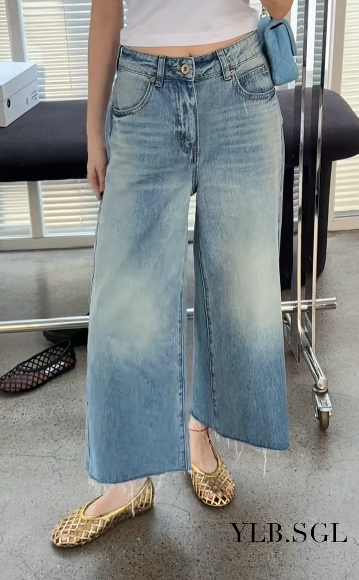 66097诗歌兰女装2025夏款 气质浅蓝色阔腿直筒裤九分毛边牛仔裤女