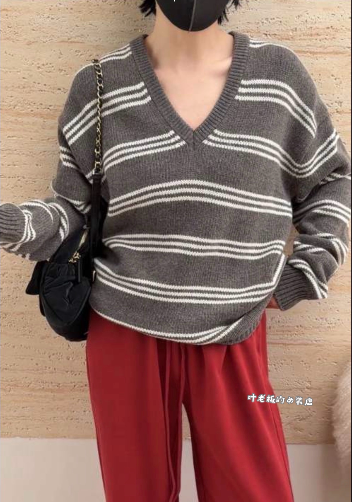 H15033条纹V领毛衣 诗歌兰韩货女装26秋 时尚气质灰色条纹针织衫