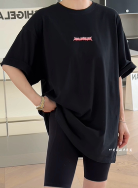 C58704磨破短袖 诗歌兰女装2026夏款气质黑灰色中长款粉色字母T恤