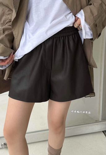 T8661休闲短裤 诗歌兰女装26秋款气质棕色植物蛋白皮松紧腰皮短裤