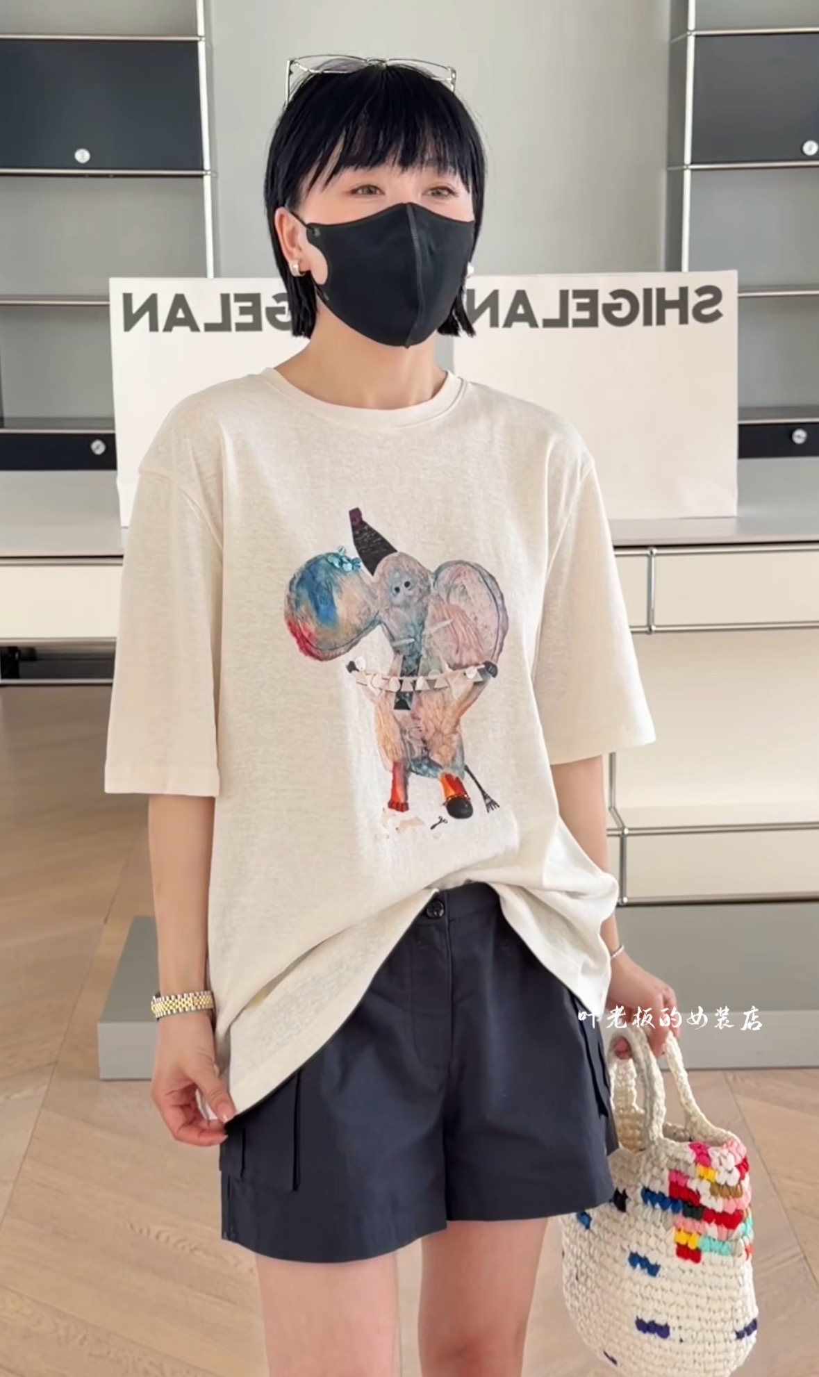 P56437诗歌兰卡通短袖 2026夏款欧货女装 气质米白色珠片大象T恤