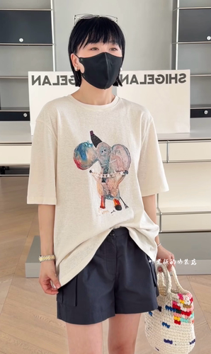 P56437诗歌兰卡通短袖 2026夏款欧货女装 气质米白色珠片大象T恤