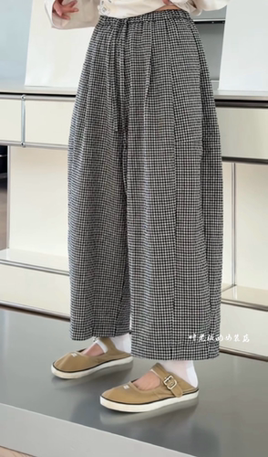 Z5236诗歌兰休闲裤 2026夏款欧货女装气质百搭松紧腰格子裤九分裤