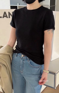2026春款 简约百搭黑色圆领弹力T恤女 诗歌兰欧货女装 879翻边短袖