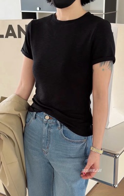 879翻边短袖 诗歌兰欧货女装2026春款 简约百搭黑色圆领弹力T恤女