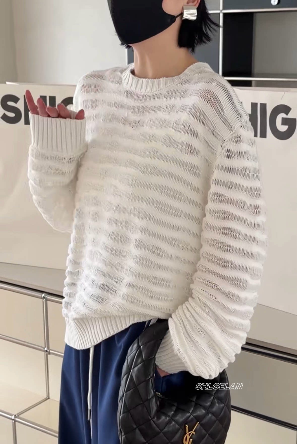 现货C25125圆领上衣诗歌兰女装2026春款气质白色镂空条纹针织毛衣