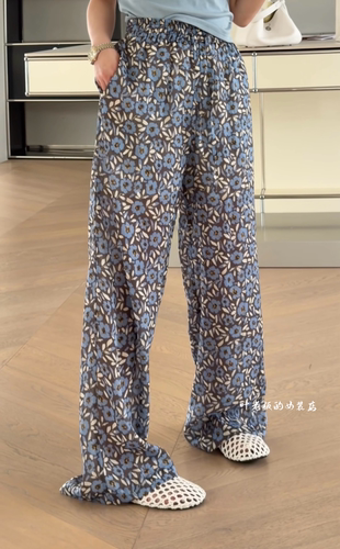 T6725-1棉布休闲裤 诗歌兰欧货2026夏款时尚气质松紧腰蓝色碎花裤