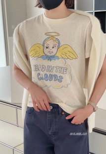 Z47天使短袖 诗歌兰欧货女装2026早春款 气质米黄色卡通印花T恤女