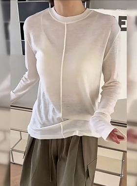 17382诗歌兰韩货2025早秋款 时尚气质米白色圆领长袖明线T恤女