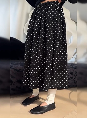 58312诗歌兰韩货2025早秋款 气质黑色松紧腰中长款波点裙半身裙女