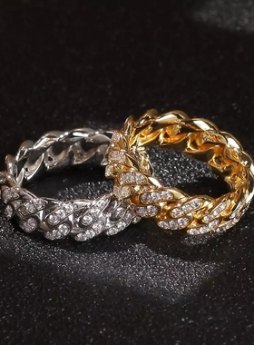 欧美ins风古巴链嘻哈锆石戒指女