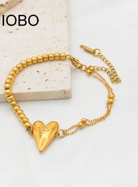 欧美INS风气质高级感圆珠拼接爱心手链时尚简约小众设计钛钢手链