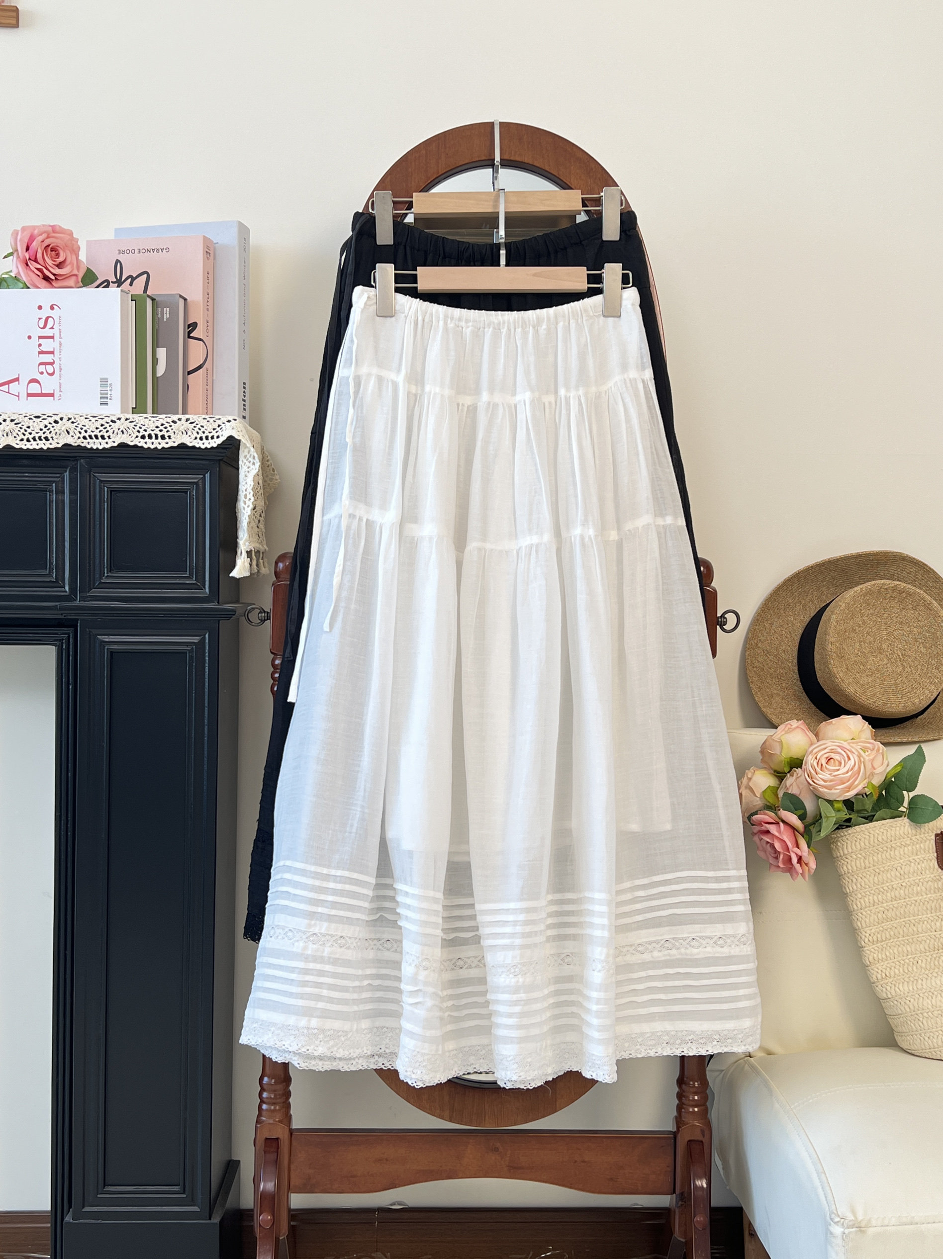 日系  文艺清新纯苎麻蕾丝拼接打褶半身裙松紧侧系带高腰百搭长裙