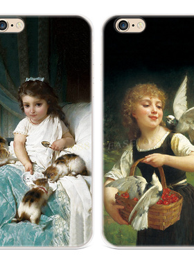 鸽子少女油画适用iPhone8plus苹果X手机壳6s7猫咪xsmax复古XR文艺女款软5se第一1二2三3代五六七八