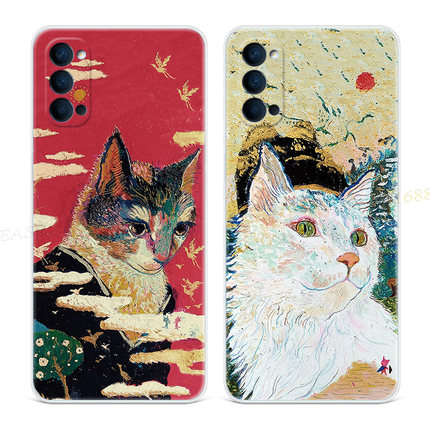 波普风猫咪9适用oppo Reno6手机壳8pro+7复古5k文艺4se油画3元气版2z可爱女款Ace轻薄软十