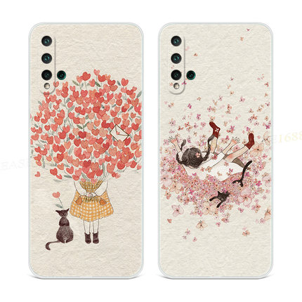 复古插画适用于华为nova5手机壳6se3i4e2s少女心plus可爱pro猫咪z