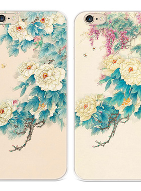 文艺牡丹花适用iPhone8plus苹果X手机壳6s7中国风XR复古xsmax女款软5se第一1二2三3代五六七八