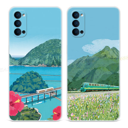 夏日插画9适用oppo reno6手机壳8pro+7文艺5K简约4se小清新火车3元气版2z女款Ace轻薄软十