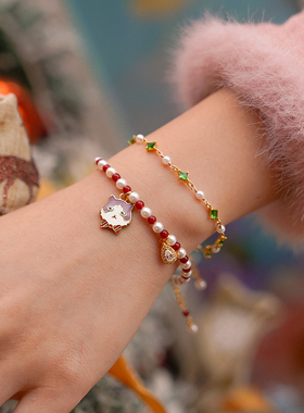 THISNESS 圣诞特辑 领结布偶猫贝珠仿珍珠红玛瑙纯银镀金镶锆手链