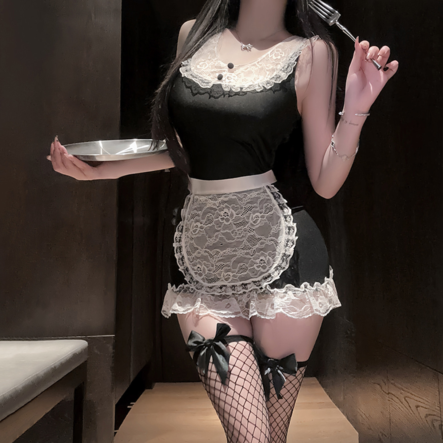 性感无袖背心裙包臀超短纯欲包臀制服套装蕾丝透视V领超短黑白拼