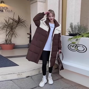 欧版 潮 休闲白鸭绒羽绒服拼色连帽加厚保暖中长保暖羽绒外套女装