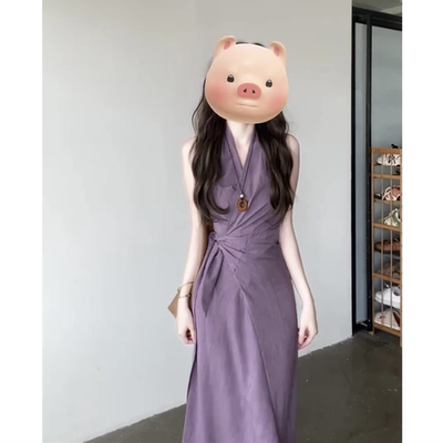 妹妹说紫色很有韵味~170高个子女生加长款到脚踝的收腰挂脖连衣裙