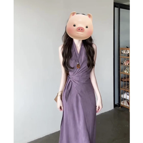 妹妹说紫色很有韵味~170高个子女生加长款到脚踝的收腰挂脖连衣裙