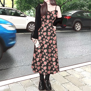 Crepe超长自制加长连衣裙女高个子超长版到脚踝黑色碎花吊带裙