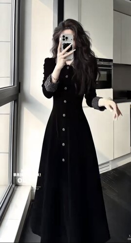 超长版高个子连衣裙到脚踝170女生春秋黑色收腰显瘦气质连衣裙