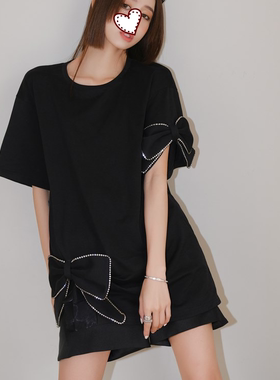 设计师品牌 新品2025春夏圆领闪钻立体蝴蝶结宽松T恤黑色短袖女潮