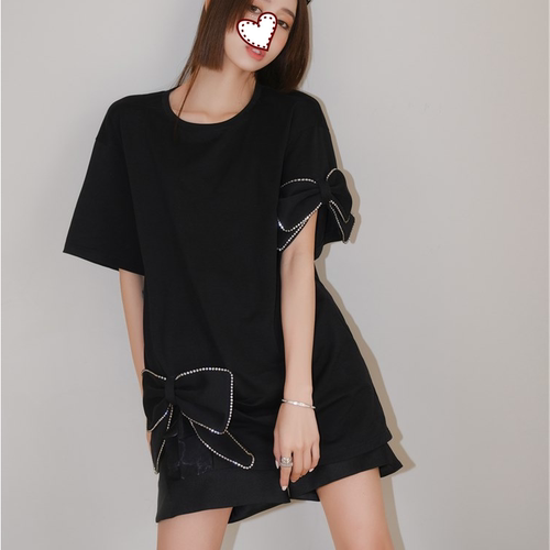 设计师品牌 新品2025春夏圆领闪钻立体蝴蝶结宽松T恤黑色短袖女潮
