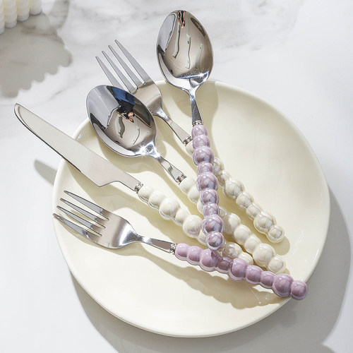 高颜值304不锈钢牛排刀叉勺三件套ins风珍珠陶瓷柄勺西餐餐具家用