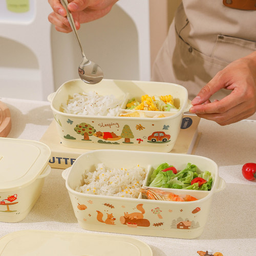 卡通陶瓷三分格饭盒上班族带饭餐盒可微波炉加热大容量带盖便当盒