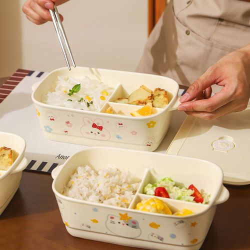 陶瓷分格饭盒可微波加热便当盒上班族带饭专用大容量减脂三格餐盒